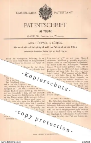 original Patent - Aug. Höppner , Lübeck | 1894 | Sicherheits- Steigbügel | Pferde Pferd Reiten , Sport , Pferdegeschirr