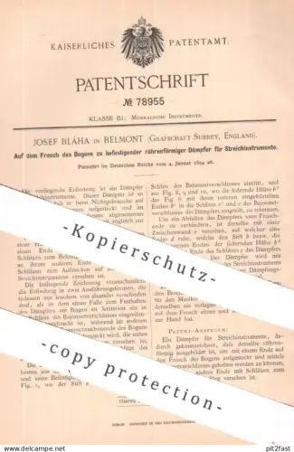 original Patent - Josef Bláha , Belmont , Surrey , England | 1894 | Dämpfer für Streichinstrument | Bogen , Instrument !