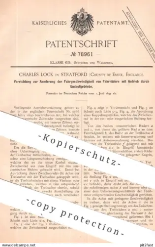 original Patent - Charles Lock , Stratford Essex , England | 1894 | Fahrrad mit Antrieb durch Umlaufgetriebe | Fahrräder