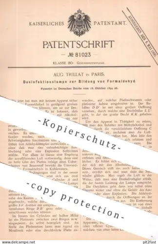 original Patent - Aug. Trillat , Paris Frankreich | 1894 | Desinfektionslampe zur Bildung von Formaldehyd | Desinfektion