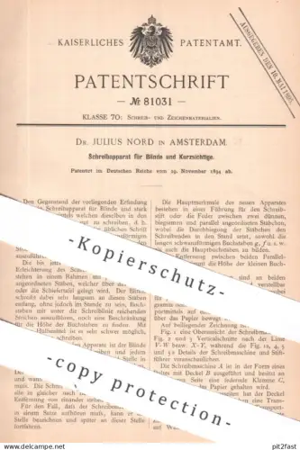 original Patent - Dr. Julius Nord , Amsterdam , Holland / Niederlande | 1894 | Schreibapparat für Blinde & Kurzsichtige