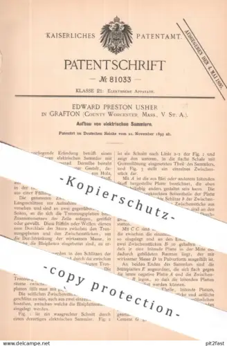original Patent - Edward Preston Usher , Grafton , Worcester , Massachusetts , USA | 1893 | elektrische Sammler | Strom