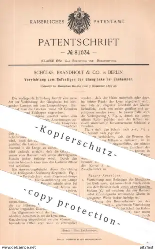 original Patent - Schülke , Brandholt & Co. , Berlin | 1893 | Befestigen d. Glasglocke bei Gaslampen | Gas Laterne Lampe