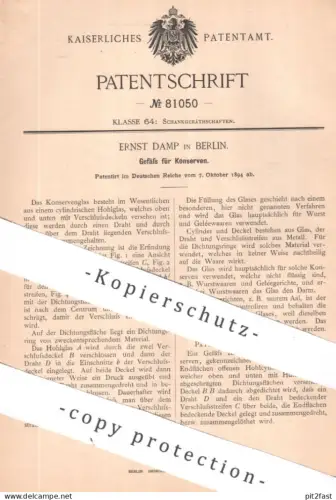 original Patent - Ernst Damp , Berlin | 1894 | Gefäß für Konserven | Konserve | Glas Gläser Konservenglas Konservieren