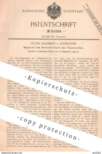 original Patent - Jacob Salomon , Hannover | 1894 | Ausschließen von Typenzeilen | Setzmaschine , Druck , Buchdruck !!
