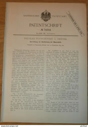 Odessa / Одесса , original Patent , 1892 ,Nicolas Potschinski , Instrument für Meerestiefe , Schiffbau , Russland !!