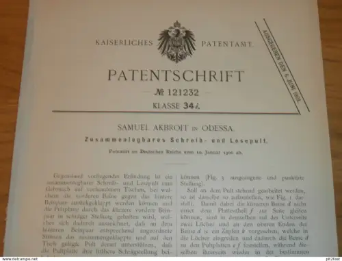Odessa / Одесса , original Patent , 1900 , Samuel Akbroit , Lesepult , Schule , Lehrer !!