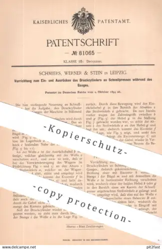 original Patent - Schmiers , Werner & Stein , Leipzig | 1894 | Druckzylinder an Schnellpresse | Druck Presse Druckpresse