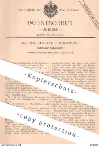 original Patent - Mathias Reuland , Dortmund | 1894 | Elektrischer Funkenzünder | Zünder , Zündung , Sprengstoff !!