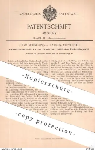 original Patent - Hugo Schnöring , Barmen / Wupperfeld | 1894 | Niederschraubventil mit Rückschlagventil | Ventil Motor