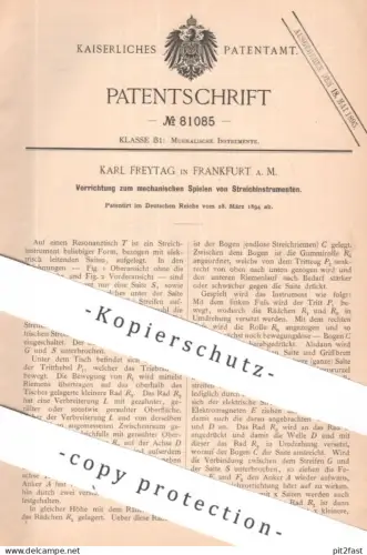 original Patent - Karl Freytag , Frankfurt / Main | 1894 | mechanisches Spielen der Streichinstrumente | Musikinstrument