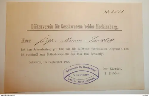 Diätenverein für Geschworene beider Mecklenburg , 1888 , Schwerin , Beleg !!