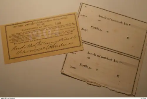 Stettiner Dampfmühlen AG , ca. 1890 und 1903 , Aktie , Dividendenschein Stettin , Pommern !!