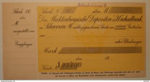 alter Scheck , Schwerin , ca. 1920 , Mecklenburg , Bank , Sparkasse !!