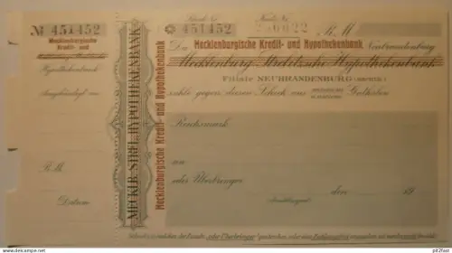alter Scheck , Neubrandenburg - Hypothekenbank , ca. 1930 , Mecklenburg !!