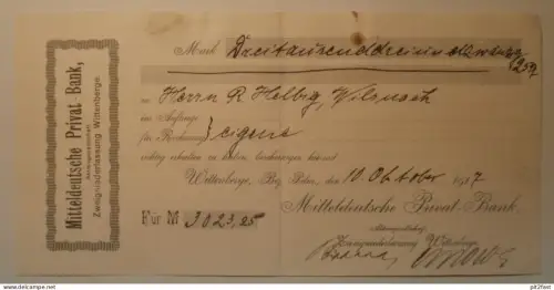 Privat-Bank in Wittenberge , 1917 , alter Scheck / Beleg !!