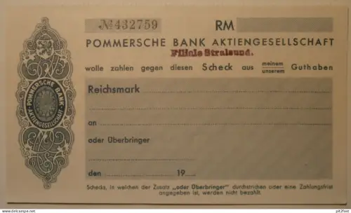 Pommersche Bank in Stralsund , ca. 1935 , alter Scheck / Beleg !!