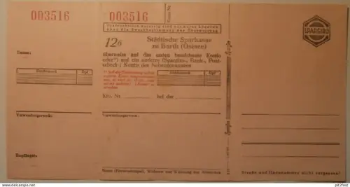 Sparkasse zu Barth a. Ostsee , ca. 1935 , alter Scheck / Beleg , Mecklenburg !!