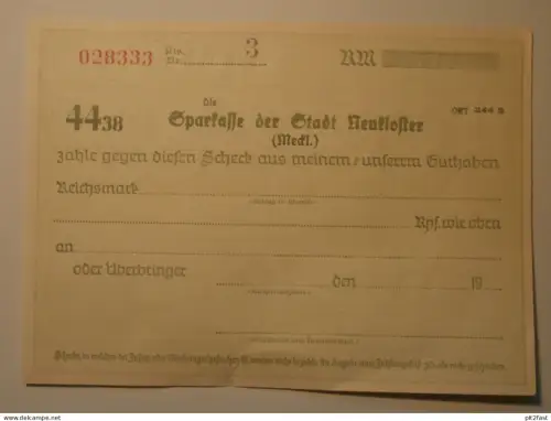 Sparkasse der Stadt Neukloster , ca. 1935 , alter Scheck / Beleg , Mecklenburg !!