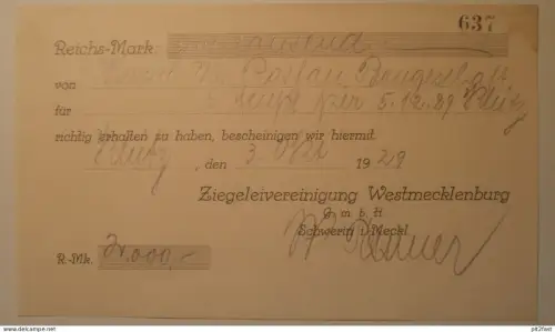 Ziegelvereinigung Westmeckl. in Schwerin 1929 alter Scheck / Beleg , Mecklenburg !!