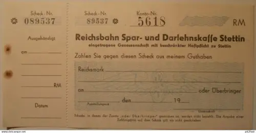 Reichsbahn - Sparkasse Stettin , ca. 1935 , Scheck / Beleg , Mecklenburg , Pommern !!