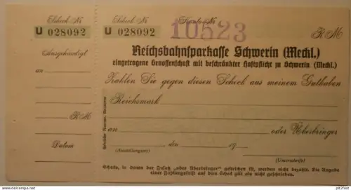 Reichsbahn - Sparkasse Schwerin , ca. 1935 , Scheck / Beleg , Mecklenburg , Eisenbahn !!