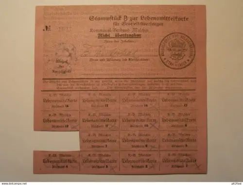 Lebensmittelkarte - Brot , ca. 1945 , Malchin / Dargun i. Mecklenburg , Ausweis , Volksernährung !!