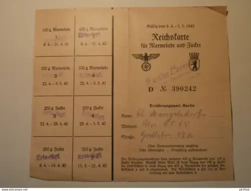 Lebensmittelkarte - Marmelade und Zucker , 1940 , Berlin , Mecklenburg , Ausweis , Reichskarte !!