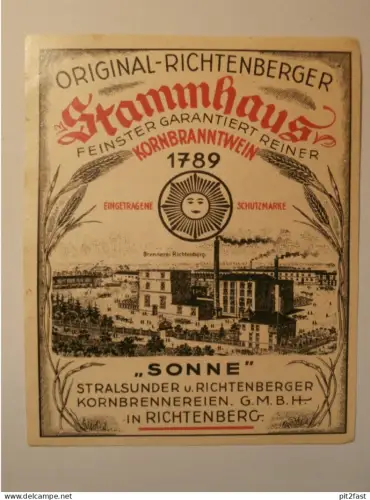 Original- Kornbranntwein Brennerei Richtenberg i. Mecklenburg , altes Etikett , Schnaps , Alkohol !!