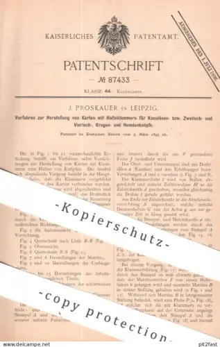 original Patent - J. Proskauer , Leipzig | 1895 | Herstellung von Karten zum Halten von Knöpfen | Knopf , Knöpfe !!