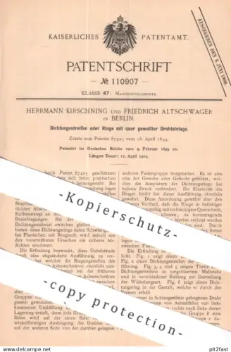 original Patent - Herrmann Kirschning , Friedrich Altschwager , Berlin | 1899 | Dichtung mit Draht | Abdichten Dichtring