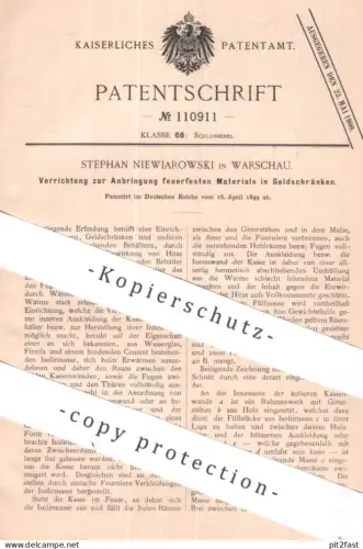 original Patent - Stephan Niewiarowski , Warschau , Polen | 1899 | feuerfestes Material in Geldschrank , Tresor , Kasse