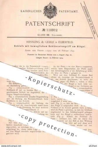 original Patent - Hessling & Gehle , Köln / Elberfeld | 1899 | Schloss , Türschloss | Riegel , Riegelschloss , Schlosser
