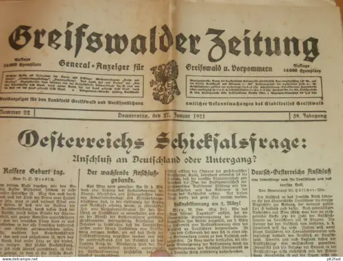 Greifswalder Zeitung , 27.01.1921 , Greifswald + Umgebung , Wahlzettel , Landtag und Kreistag , Mecklenburg , Reklame !!