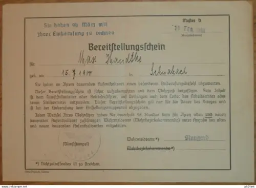 Einberufung - Max Handtke - 1941 - Wehrmeldeamt Naugard i. Pommern , Ausweis Schwabach b. Naugard !!