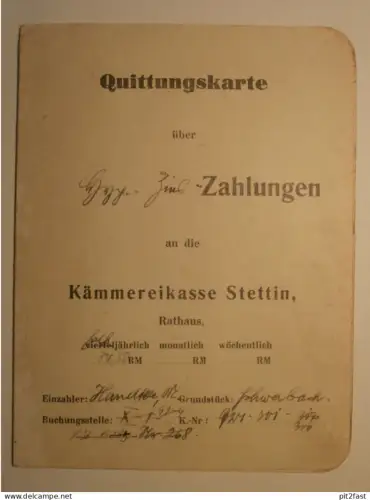 Kämmereikasse , Rathaus in Stettin i. Pommern , 1937-1944 , Ausweis , Schwabach b. Naugard , Max Handtke !!