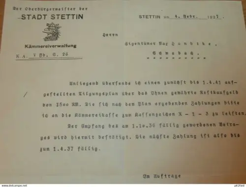 Oberbürgermeister von Stettin i. Pommern  , 1937 , Brief  Schwabach i. Bayern  , Max Handtke !!