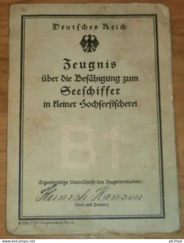 Ausweis - Seeschiffer in Rostock / Warnemünde , 1932 , Fischer Heinrich Hansen , Mecklenburg , Fischerei , Sonderburg !!