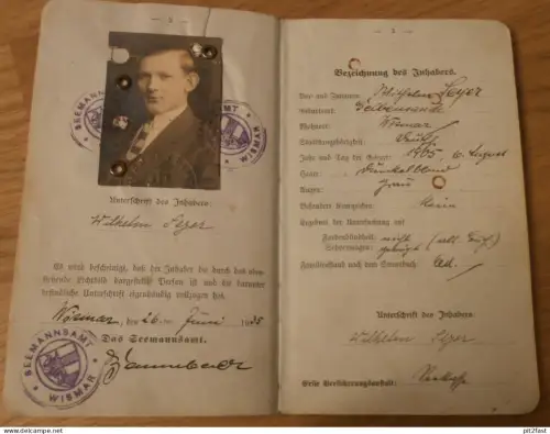 Seefahrtsbuch W. Seyer - Wismar 1935 Mecklenburg , Ausweis , Marken , Stempel , Gelbensande , Holtenau , Rostock Hamburg