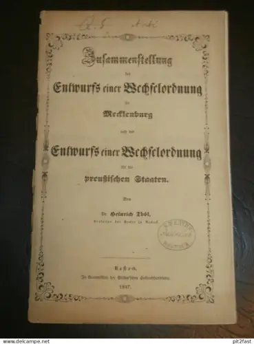 Wechsel-Ordnung für Mecklenburg und Preußen , 1847 , Rostock , Scheck , Aktien , Wertpapiere !!