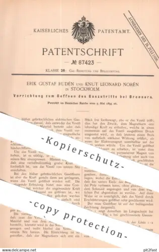 original Patent - Erik Gustaf Rudén , Knut Leonard Norén , Stockholm , Schweden | 1895 | Gasöffner an Brenner | Gas