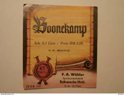 Spirituosenfabrik - F.A. Wöhler in Schwerin , ca. 1950 , Boonekamp , Schnaps , altes Etikett , Alkohol !!