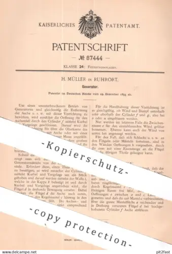 original Patent - H. Müller , Ruhport | 1895 | Generator , Generatoren | Feuerung , Heizung , Motor , Kessel !!