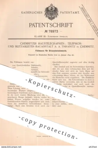 original Patent - Haustelegraphen-, Telephon- & Blitzableiter Bauanstalt Thranitz , Chemnitz | Füllmasse | Braunstein