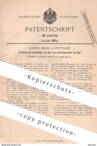 original Patent - Ludwig Mack , Stuttgart | 1902 | Baumaterial o. Isoliermaterial aus Gips | Bau , Hochbau , Zement !!
