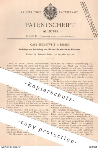 original Patent - Carl Endruweit , Berlin | 1899 | Bürsten für elektrische Maschinen | Bürste , Dynamo , Kohlebürsten