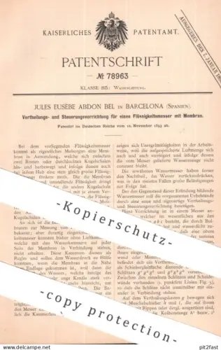 original Patent - Jules Eusèbe Abdon Bel , Barcelona , Spanien | 1893 | Steuerung für Flüssigkeitsmesser mit Membran !