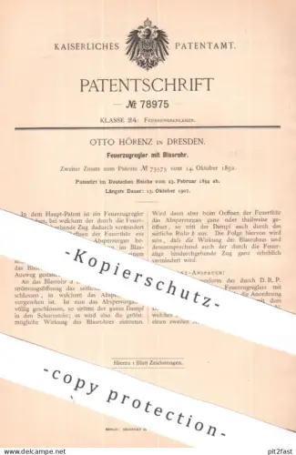 original Patent - Otto Hörenz , Dresden | 1894 | Feuerzugregler mit Blasrohr | Feuerung , Ofen , Heizung , Ofenbauer !