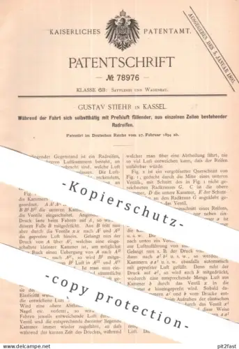 original Patent - Gustav Stiehr , Kassel | 1894 | mit Pressluft sich selbst füllender Radreifen | Rad , Reifen , Ventil