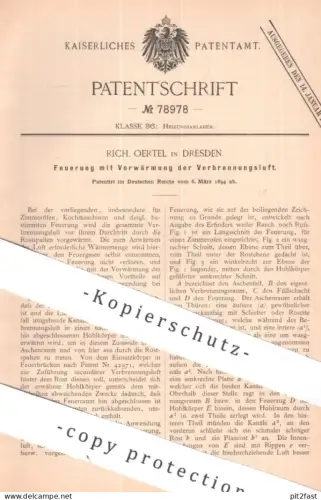 original Patent - Rich. Oertel , Dresden | 1894 | Feuerung mit Vorwärmung der Verbrennungsluft | Ofen , Heizung , Gas
